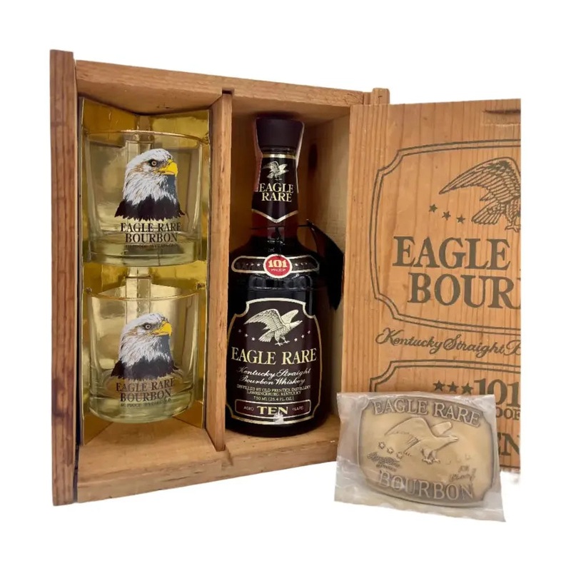 Eagle Rare 101 Proof 10 Year Kentucky Straight Bourbon (1981 Release) Lawrenceberg w/ Glasses & Buckle