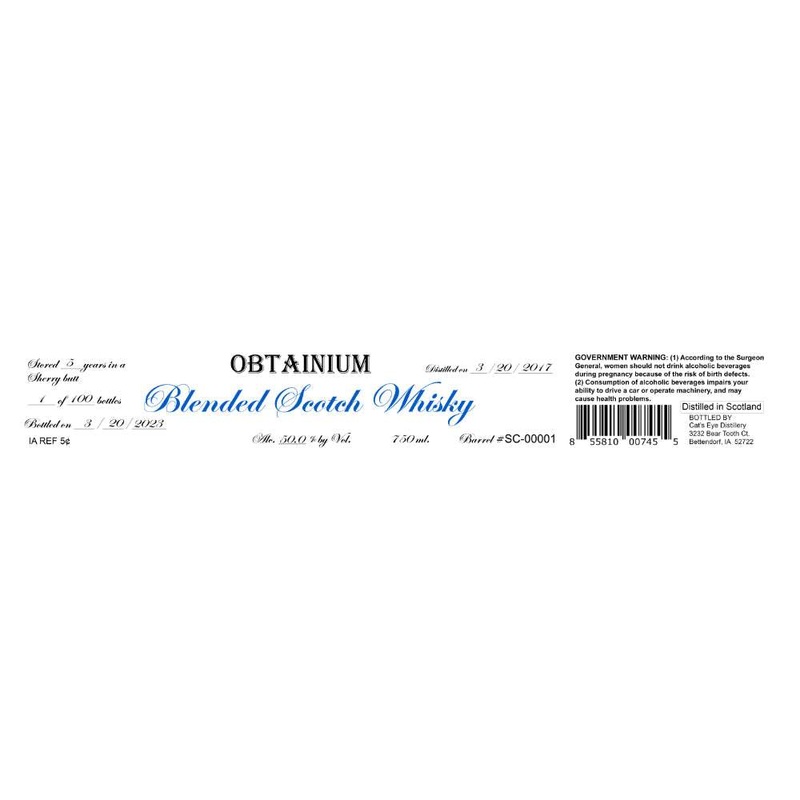 Cat’s Eye Distillery Obtainium 5 Year Old Blended Scotch Whisky