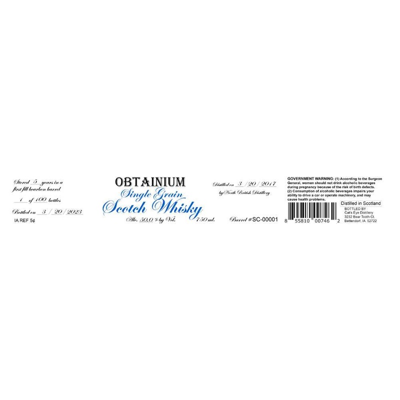 Cat’s Eye Distillery Obtainium 5 Year Old Single Grain Scotch Whisky