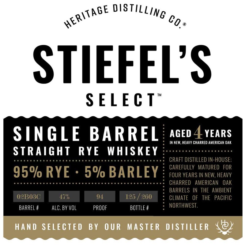 Heritage Stiefels Select Straight Rye Whiskey