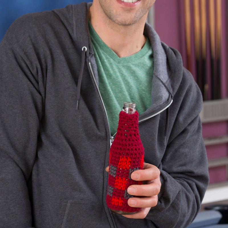 Red Heart Crochet Buffalo Plaid Bottle Cozy