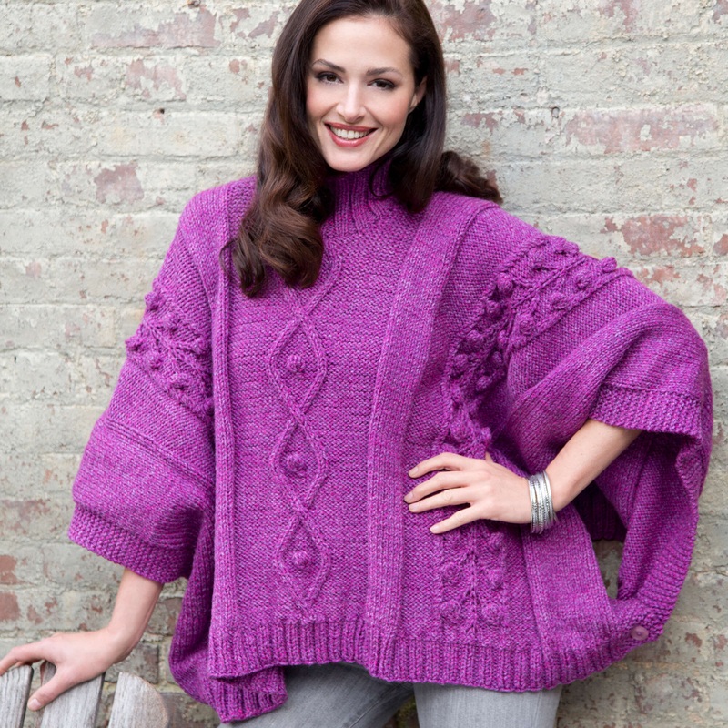 Red Heart Knit Cable and Bobble Poncho
