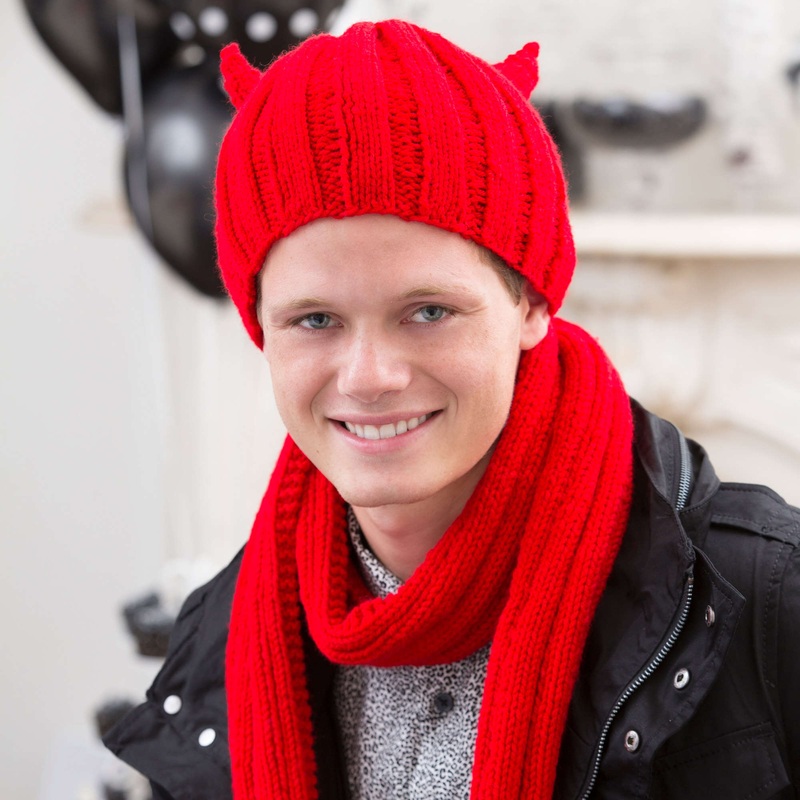 Red Heart Knit Devilish Hat and Scarf