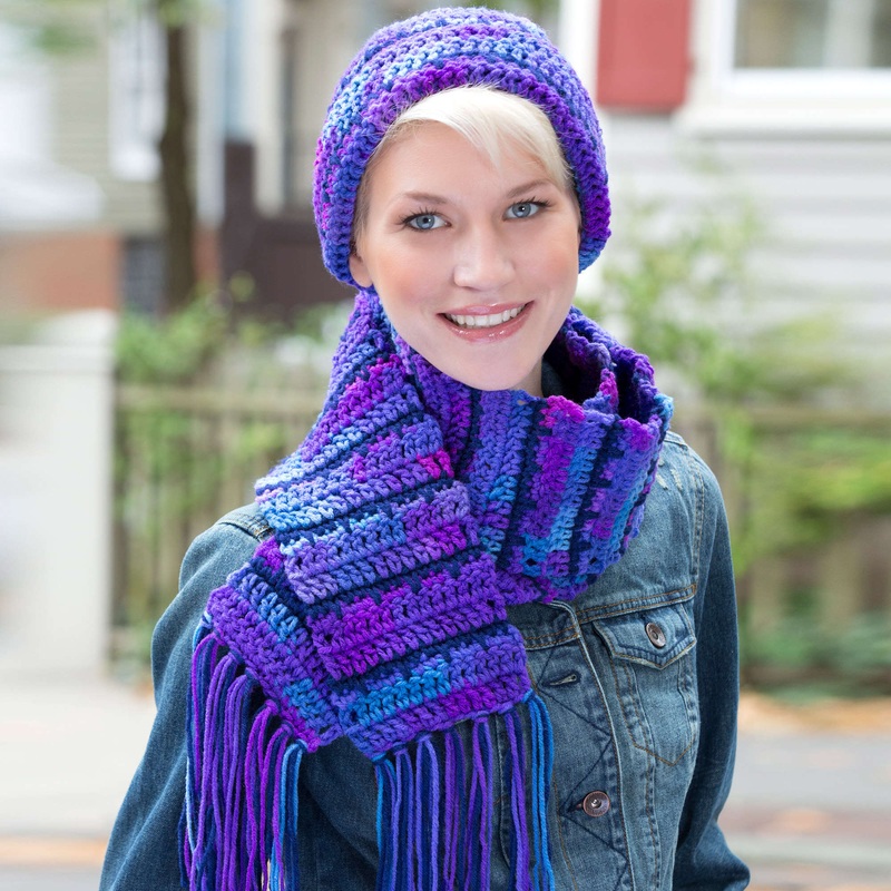 Red Heart Crochet Jagged Lines Hat & Scarf Set