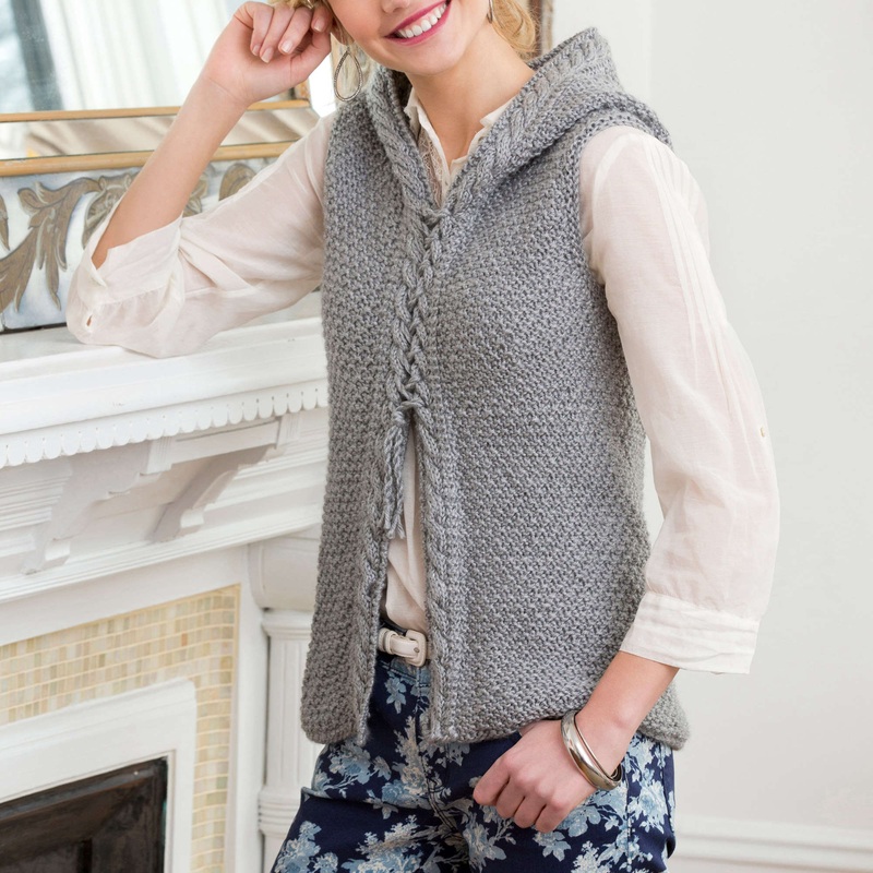 Red Heart Knit Hooded Cable Vest