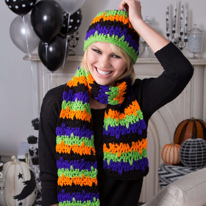Red Heart Crochet Jittery Stripes Hat & Scarf