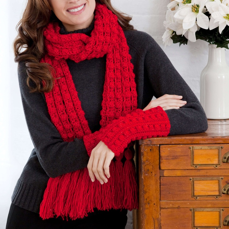 Red Heart Crochet Lacy Bobble Scarf and Wristlets
