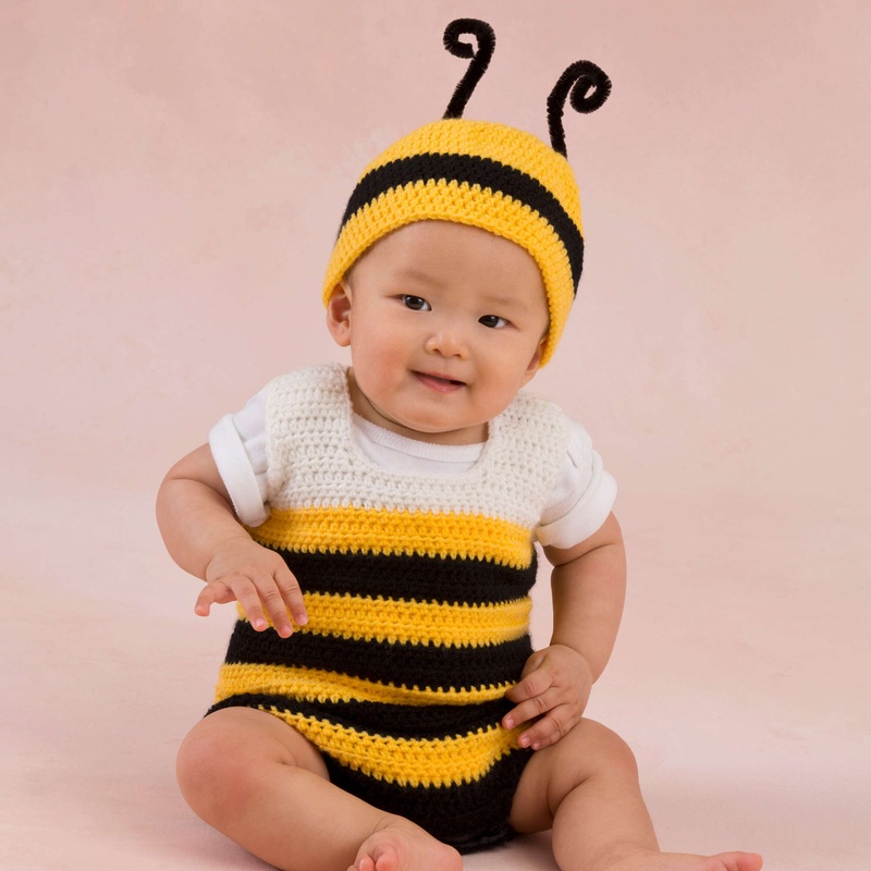Red Heart Crochet Little Baby Bee Playsuit & Hat