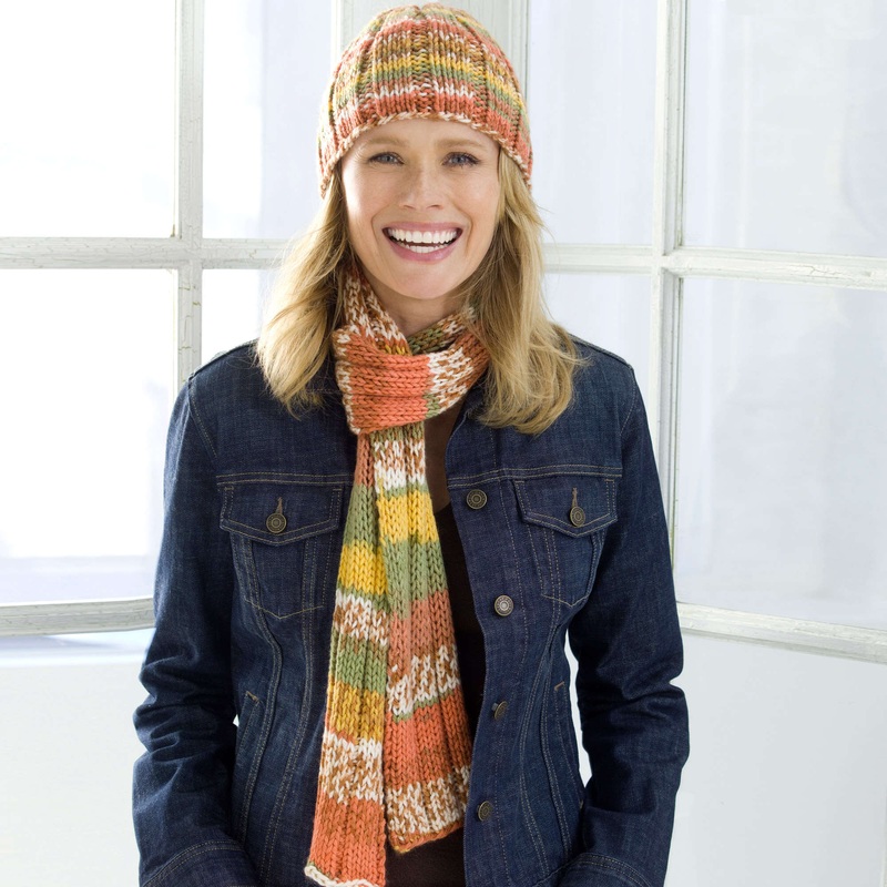 Red Heart Knit Ribs On Auto Stripe Hat and Scarf