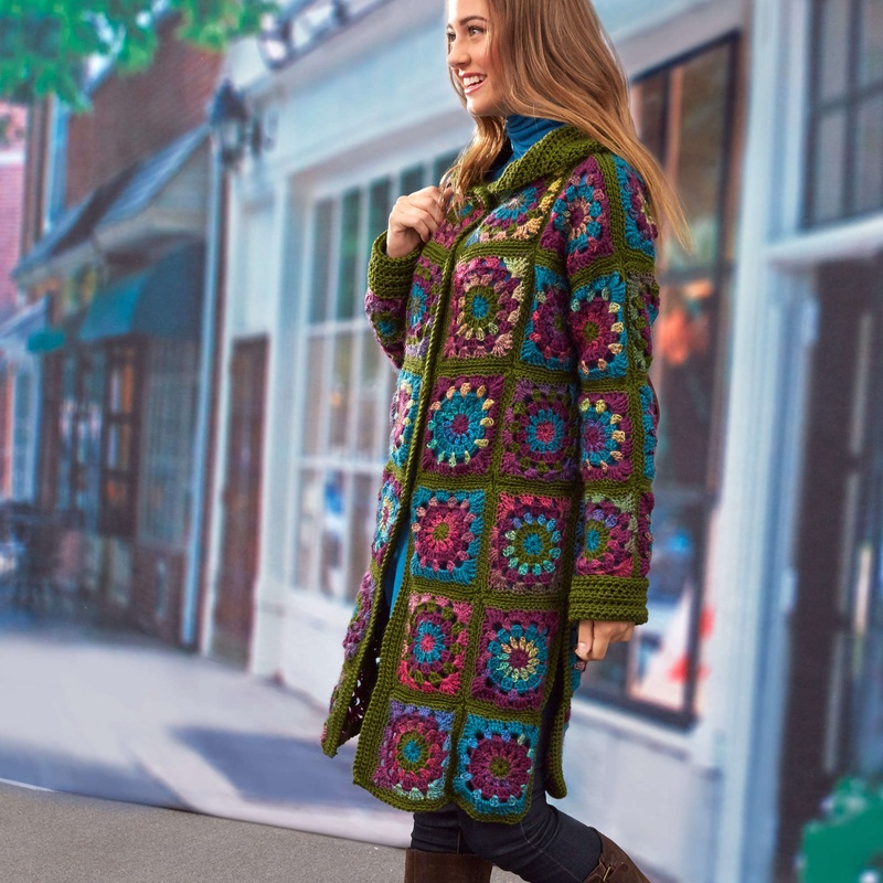 Red Heart Crochet Sweater Coat In Grannies