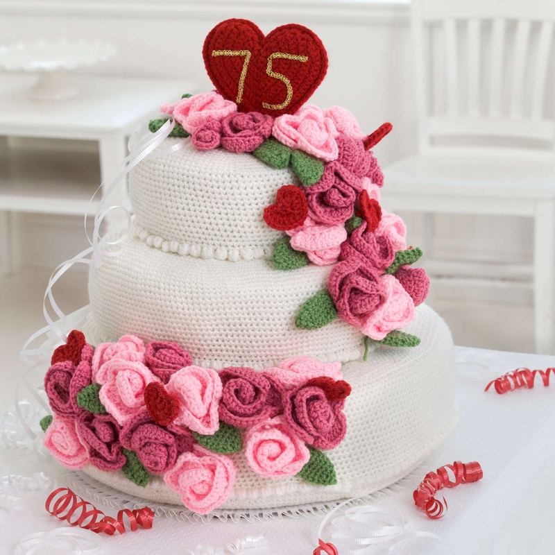 Red Heart Crochet Anniversary Rose Cake