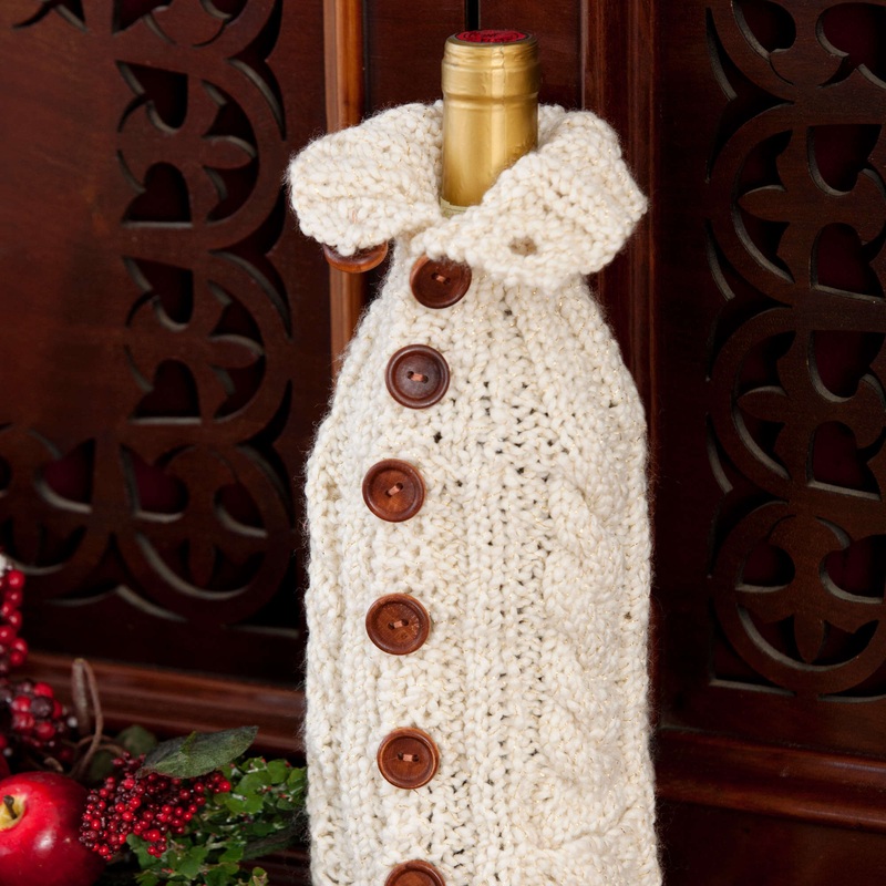Red Heart Knit Buttoned Bottle Cozy