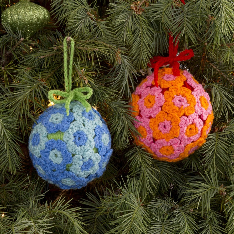 Red Heart Crochet Flower Ball Ornament