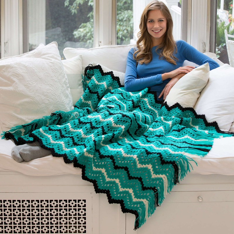 Red Heart Crochet Fringed Zigzag Throw