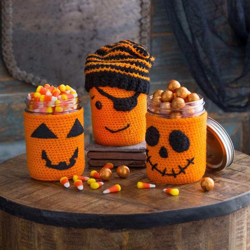 Red Heart Crochet Halloween Jar Cozies