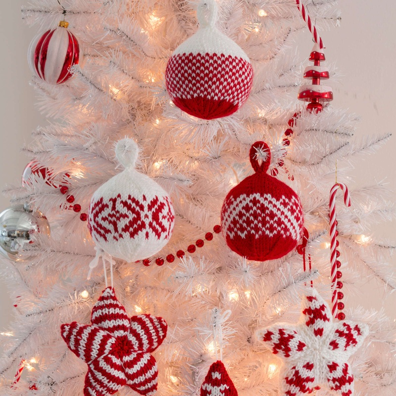 Red Heart Knit Holiday Stars and Balls Ornaments