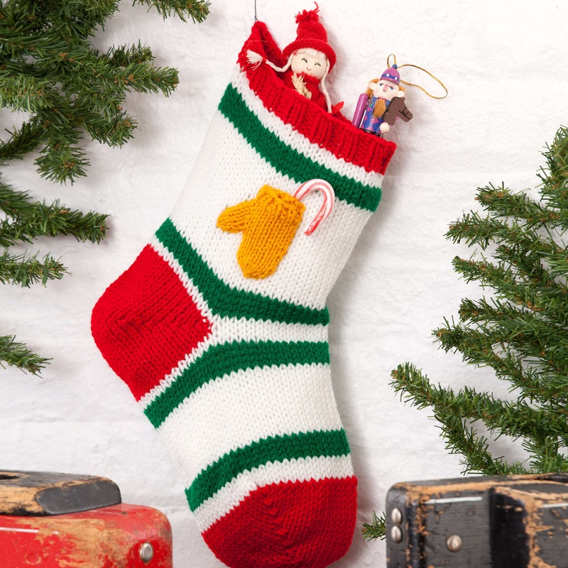 Red Heart Knit Holiday Stocking With Mitten Pocket
