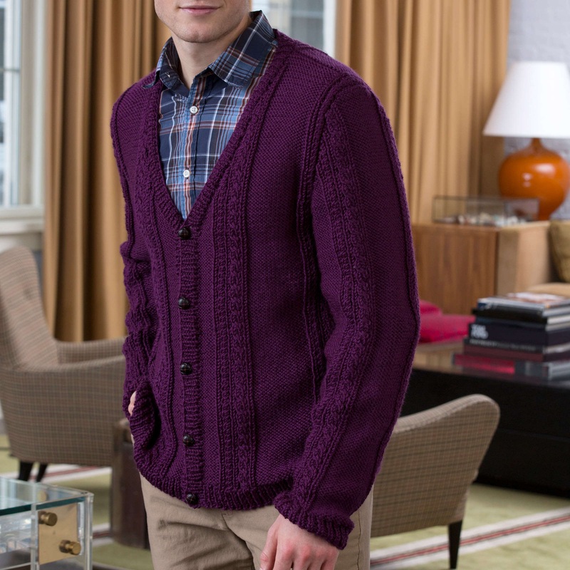 Red Heart Men’s V-Neck Cable Knit Cardigan