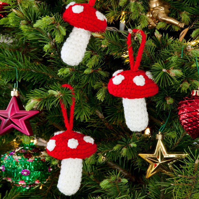 Red Heart Crochet Polka Dot Mushroom Ornaments