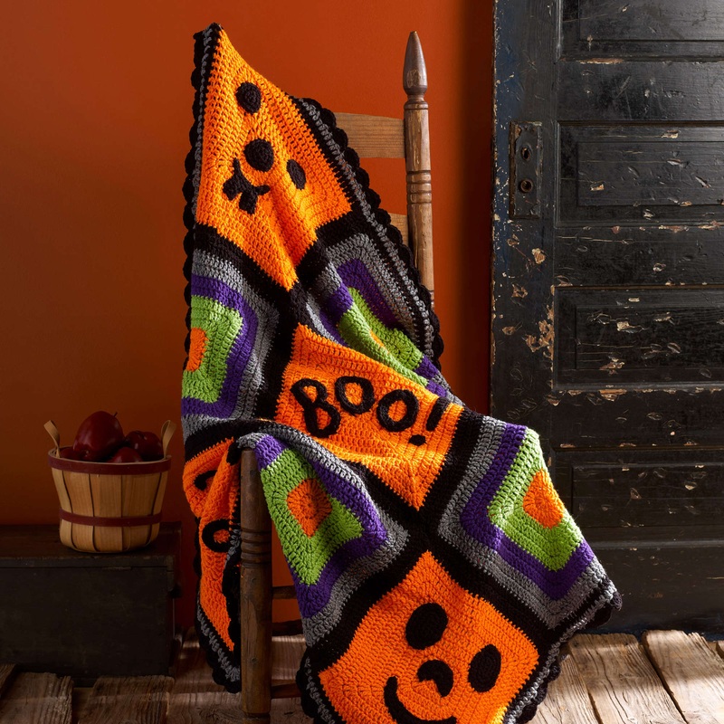 Red Heart Crochet Pumpkin Face Throw