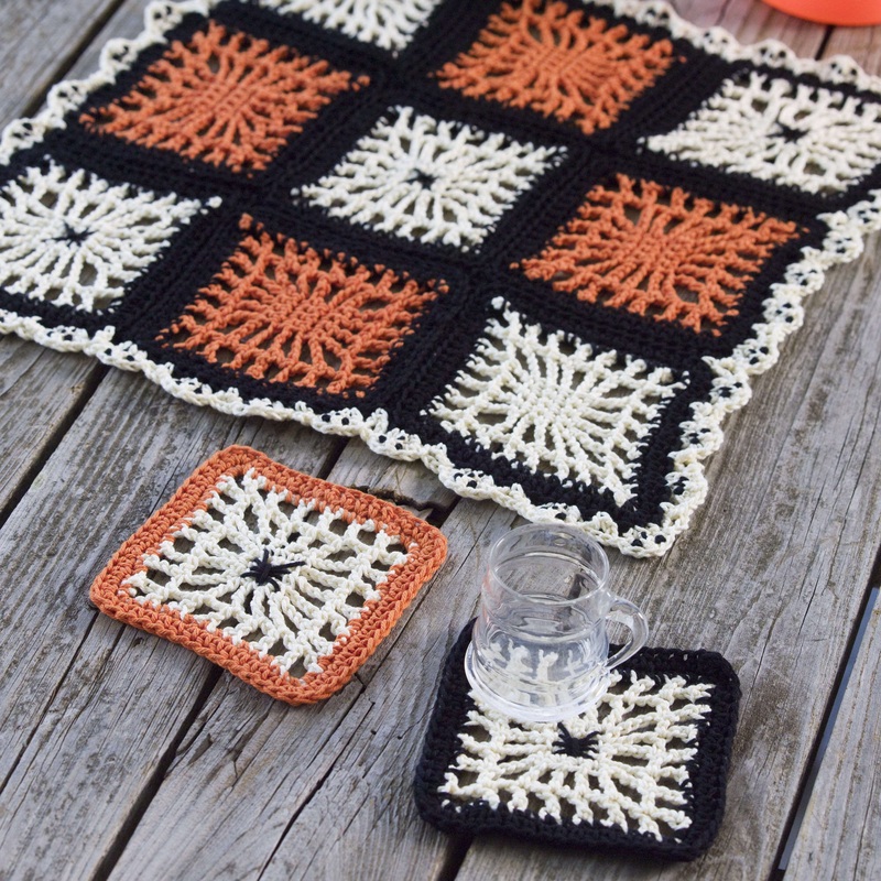 Red Heart Crochet Spiderweb Coasters and Halloween Table Center