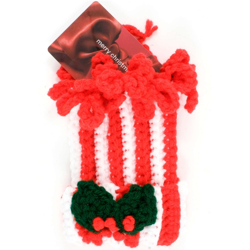 Red Heart Crochet Striped Cap Gift Card Holder