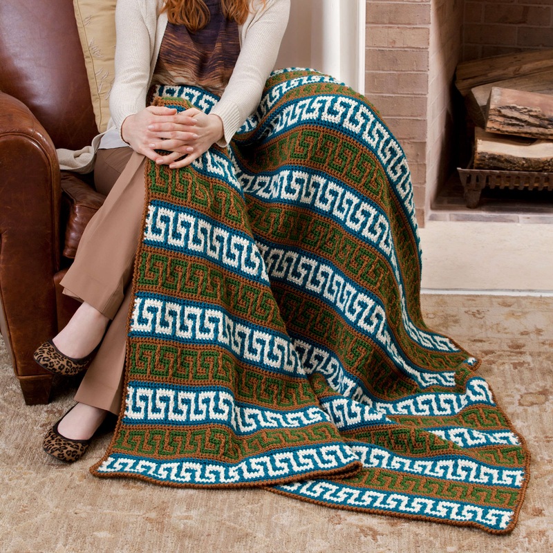 Red Heart Crochet Striped Greek Key Throw
