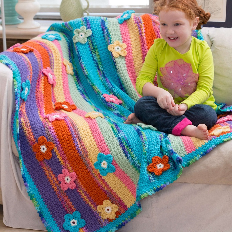 Red Heart Crochet Stripes & Flowers Throw