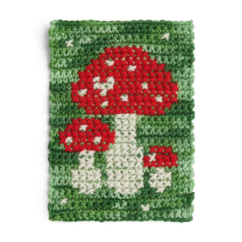 Red Heart Crochet Mushroom Cross Stitch Block
