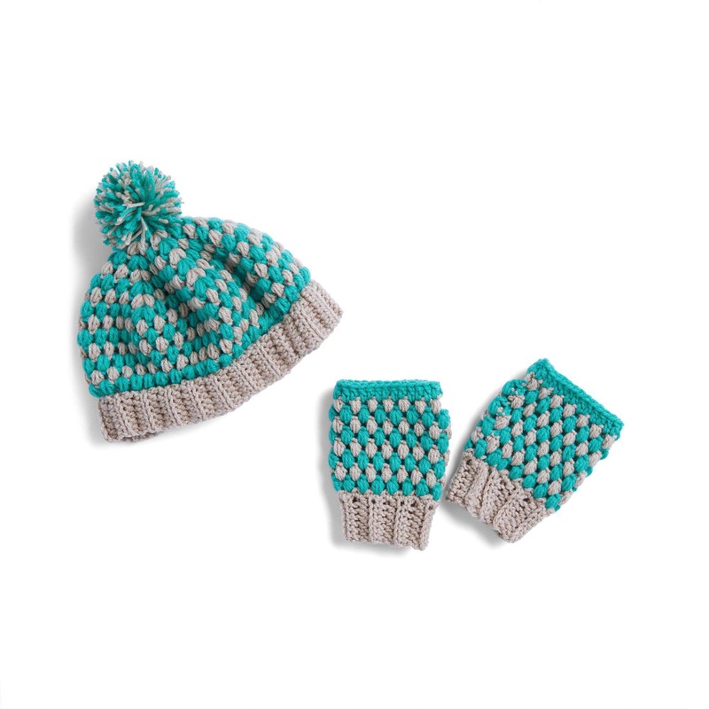 Red Heart Crochet Mom n’ Me Puff Hat and Fingerless Gloves