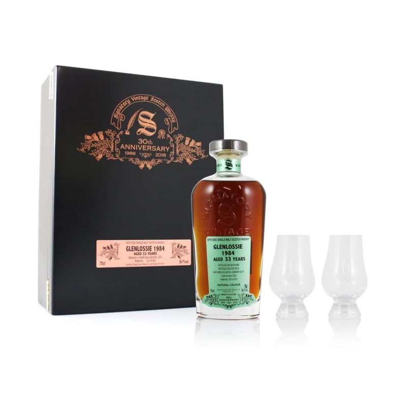 GLENLOSSIE ‘SIGNATORY’ 1984/33YO 30TH ANNIVERSARY 56.7% 700ML + 2 GLASSES